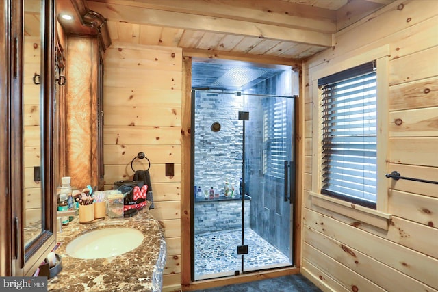 bathroom featuring vanity, wood ceiling, wood walls, and a shower stall