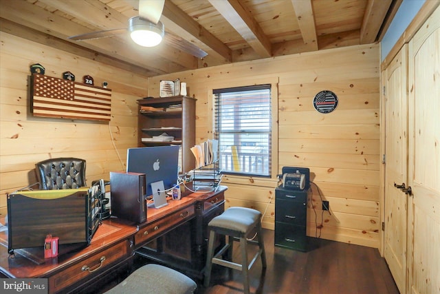 office area with wooden walls, ceiling fan, and wood finished floors