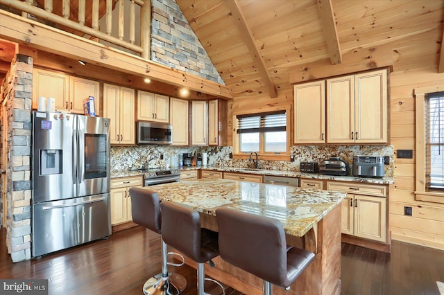 kitchen featuring dark wood-style flooring, a sink, decorative backsplash, stainless steel appliances, and wooden ceiling