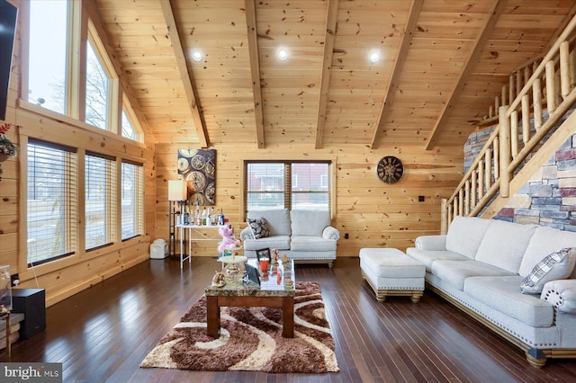 living room featuring hardwood / wood-style flooring, wood ceiling, wood walls, and beam ceiling