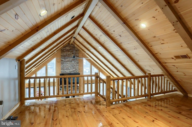 bonus room with wooden ceiling, vaulted ceiling with beams, and hardwood / wood-style flooring