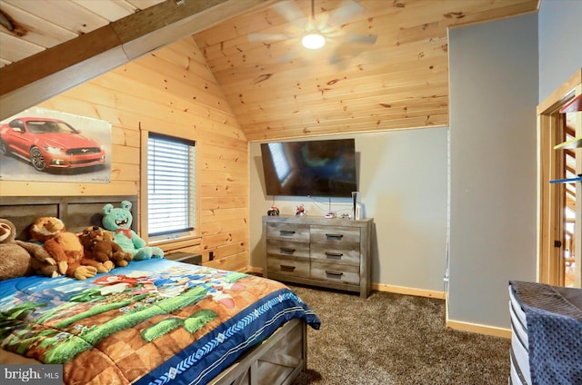 carpeted bedroom featuring wooden walls, wooden ceiling, baseboards, and lofted ceiling