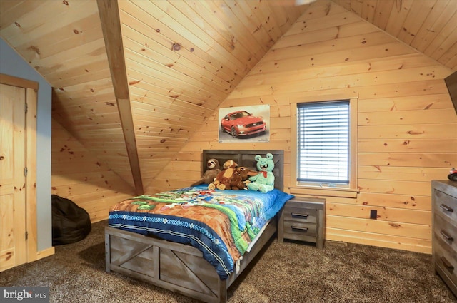 bedroom featuring vaulted ceiling, wood walls, wood ceiling, and dark colored carpet