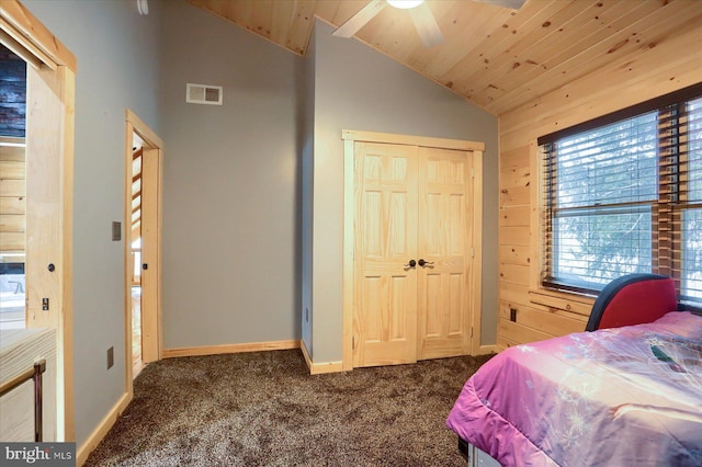 bedroom featuring visible vents, baseboards, wood ceiling, lofted ceiling, and carpet flooring