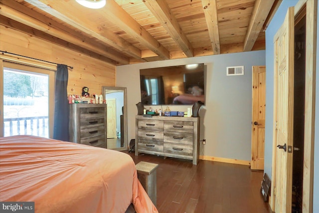 bedroom featuring visible vents, baseboards, beam ceiling, dark wood-style flooring, and wooden ceiling