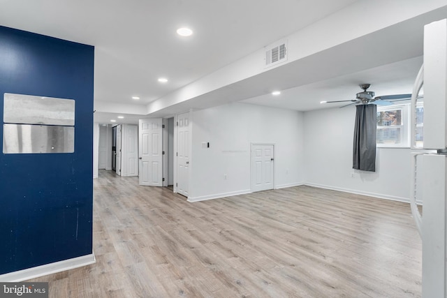 empty room featuring recessed lighting, a ceiling fan, baseboards, visible vents, and light wood finished floors