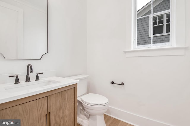 bathroom featuring vanity, wood-type flooring, and toilet