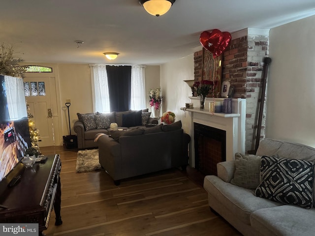 living room with dark hardwood / wood-style flooring