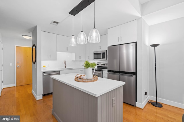 kitchen with a kitchen island, appliances with stainless steel finishes, pendant lighting, white cabinetry, and sink