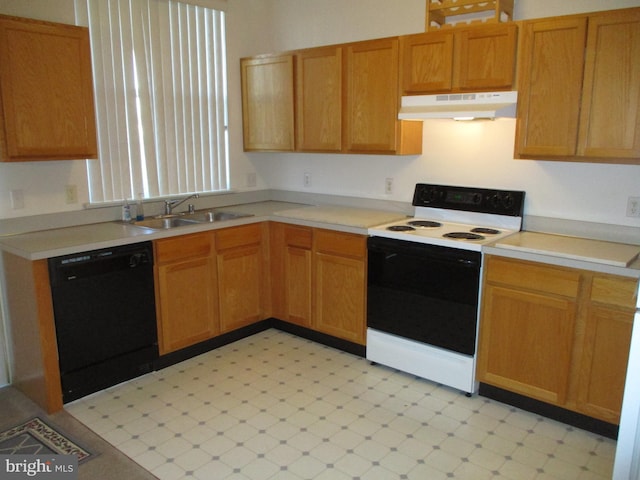 kitchen with electric stove, black dishwasher, and sink