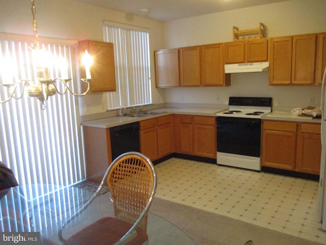 kitchen with sink, an inviting chandelier, black dishwasher, decorative light fixtures, and white electric stove