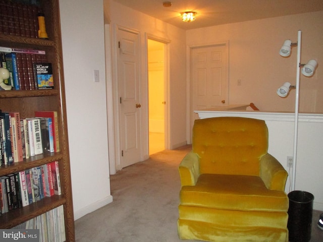 sitting room featuring light colored carpet