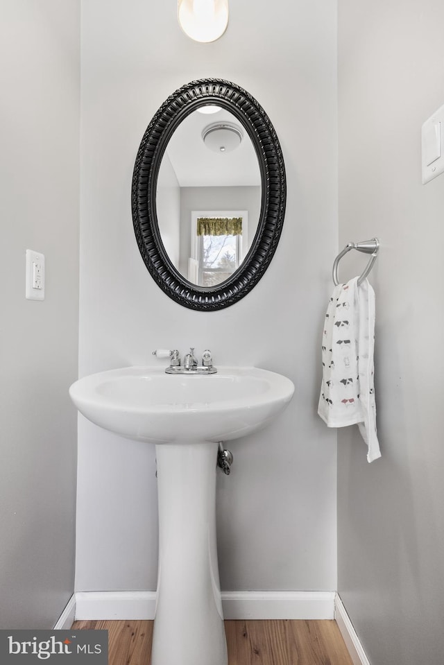 bathroom with hardwood / wood-style floors