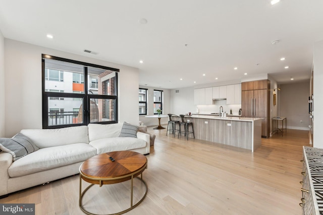 living room featuring plenty of natural light, sink, and light wood-type flooring