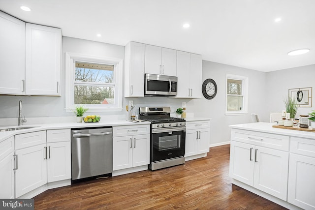 kitchen featuring white cabinetry, sink, stainless steel appliances, and dark hardwood / wood-style floors