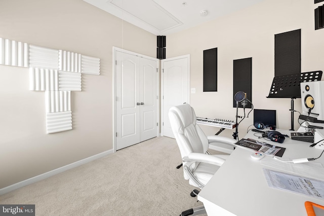 home office with light colored carpet