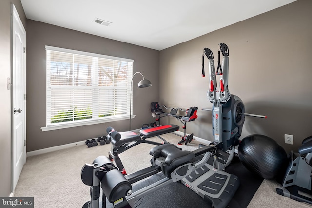 exercise room featuring light carpet