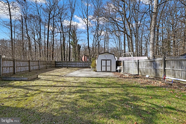 view of yard featuring a storage shed and a patio