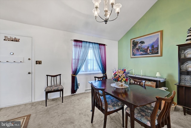 carpeted dining space with vaulted ceiling, a notable chandelier, and baseboard heating