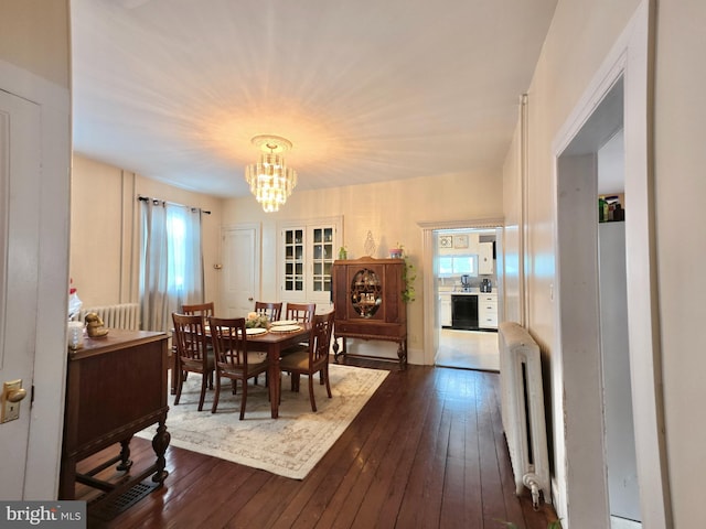 dining area featuring an inviting chandelier, a healthy amount of sunlight, dark hardwood / wood-style floors, and radiator