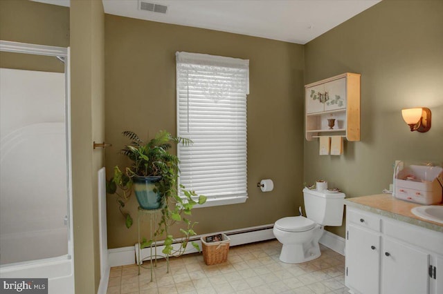 bathroom with vanity, a baseboard heating unit, and toilet