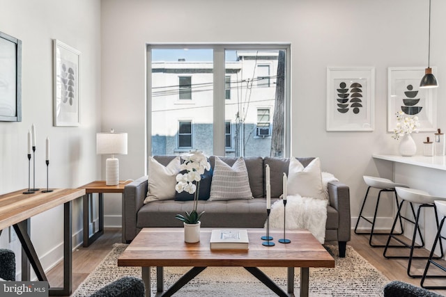 living room with hardwood / wood-style flooring and cooling unit