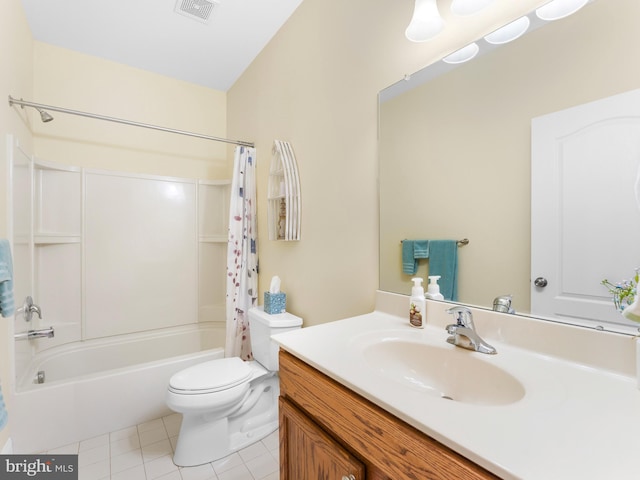 full bathroom with vanity, toilet, tile patterned flooring, and shower / bath combo with shower curtain