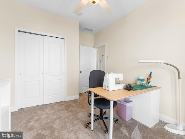 office area featuring carpet flooring and ceiling fan