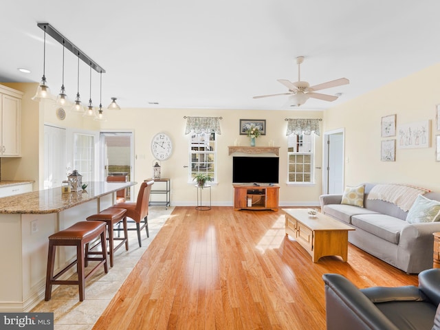 living room featuring ceiling fan and light wood-type flooring