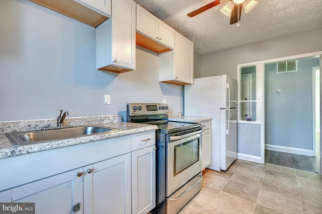 kitchen with sink, ceiling fan, white cabinetry, a textured ceiling, and stainless steel range with electric cooktop