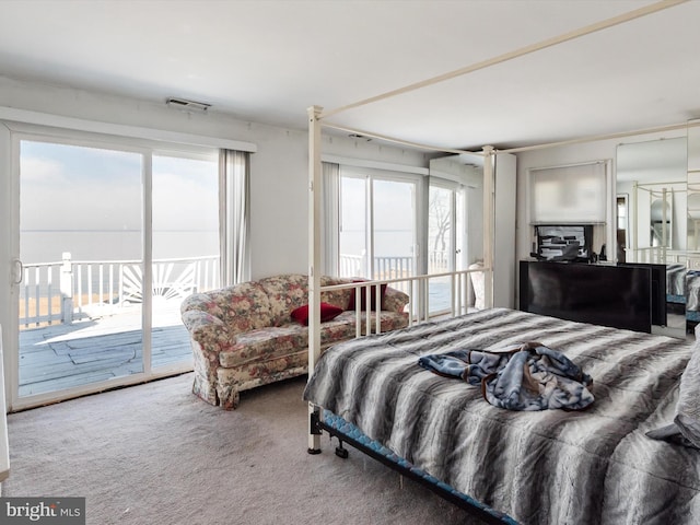 bedroom featuring carpet, visible vents, and access to exterior