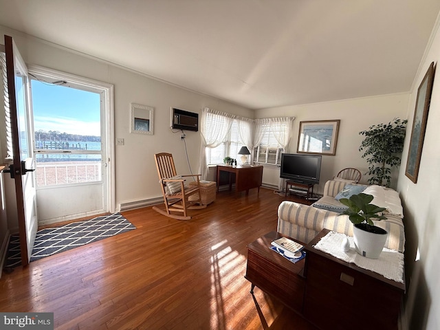 living room with dark hardwood / wood-style floors and a wall mounted AC