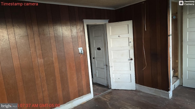 interior space with dark wood-type flooring and wooden walls