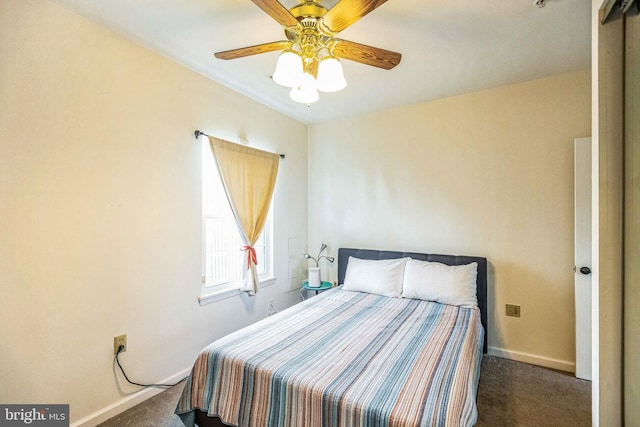 bedroom featuring ceiling fan and dark carpet