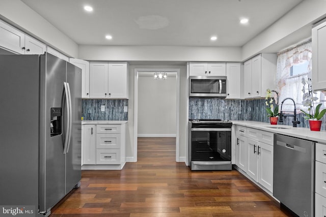 kitchen featuring white cabinetry, sink, dark wood-type flooring, and stainless steel appliances