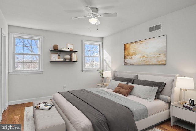 bedroom featuring ceiling fan and light wood-type flooring