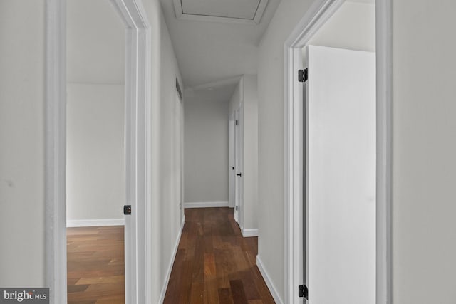 hallway with dark wood-type flooring