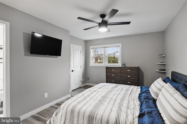 bedroom featuring hardwood / wood-style flooring and ceiling fan