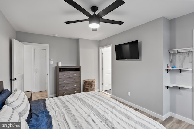 bedroom featuring light hardwood / wood-style floors and ceiling fan