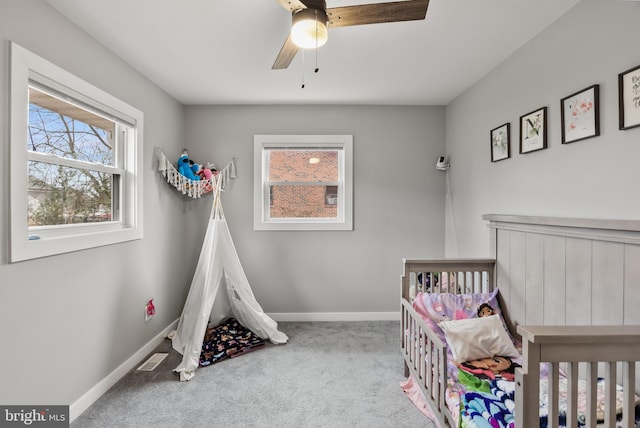 bedroom featuring carpet and ceiling fan