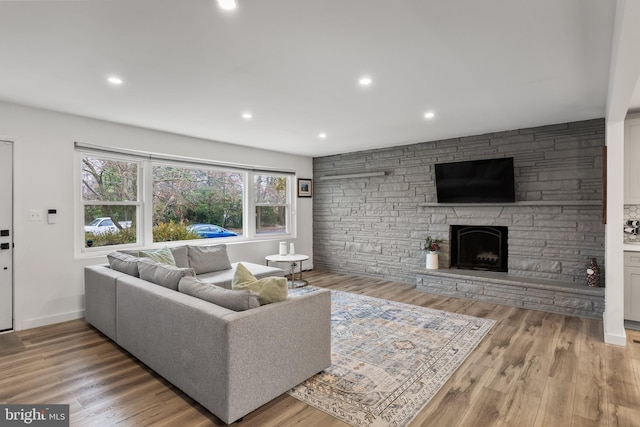 living room with wood-type flooring and a fireplace