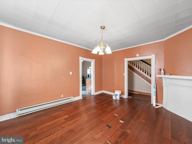 unfurnished dining area with a baseboard radiator, dark wood-type flooring, a chandelier, and ornamental molding