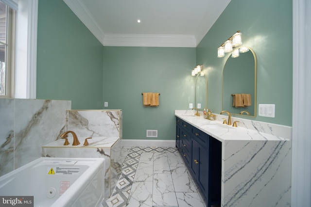 bathroom with double vanity, visible vents, a sink, and ornamental molding