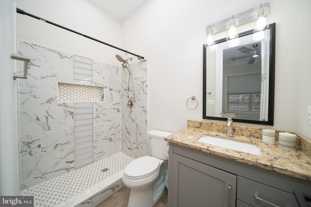 bathroom with toilet, a stall shower, and vanity