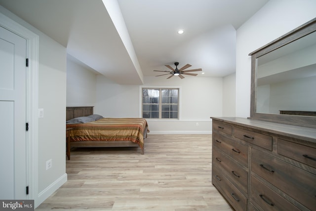 bedroom with light wood finished floors, baseboards, a ceiling fan, and recessed lighting