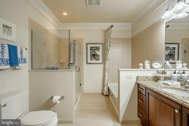 full bathroom featuring independent shower and bath, tile patterned flooring, vanity, toilet, and crown molding