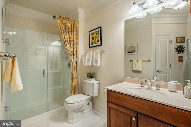 bathroom with walk in shower, ornamental molding, and vanity