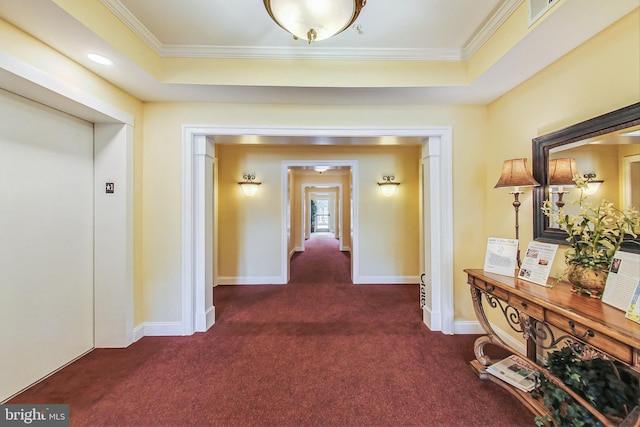 hall with crown molding, a raised ceiling, and dark colored carpet