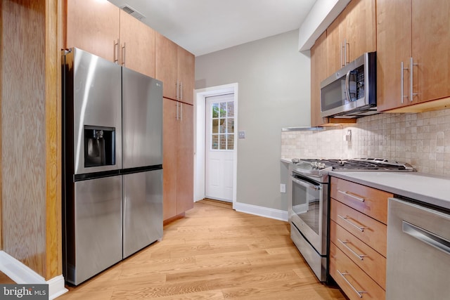 kitchen featuring decorative backsplash, stainless steel appliances, and light wood-type flooring