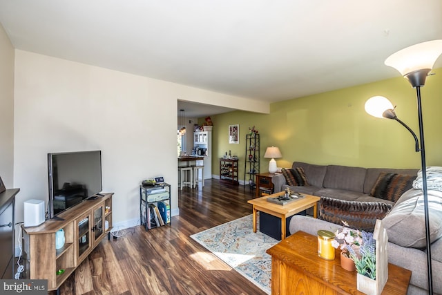 living room with dark hardwood / wood-style flooring